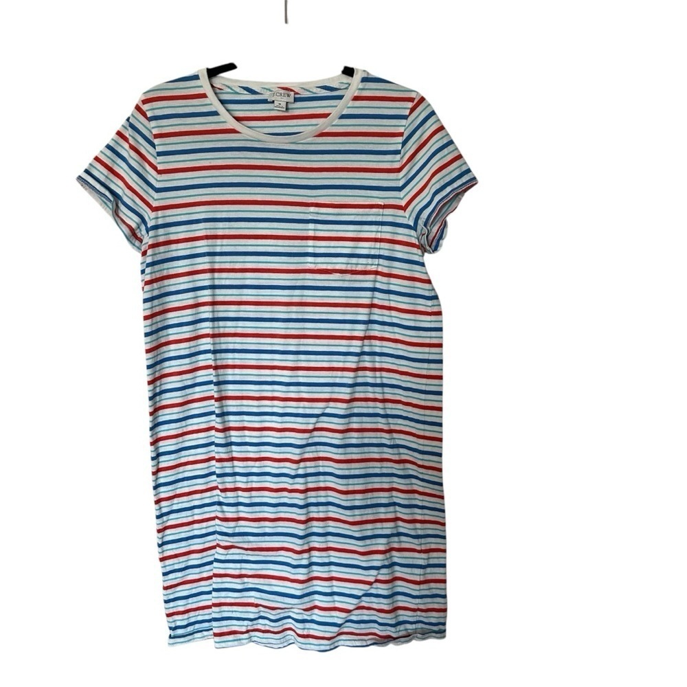 J. Crew Women’s Short Sleeve Crewneck Blue White & Red Striped Dress Sz M GUC